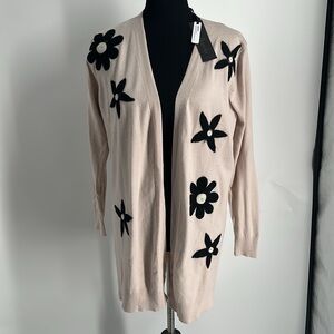 Aaeda Open Cardigan Flowers Felted Longer Neutral Colors Tan Cream Black